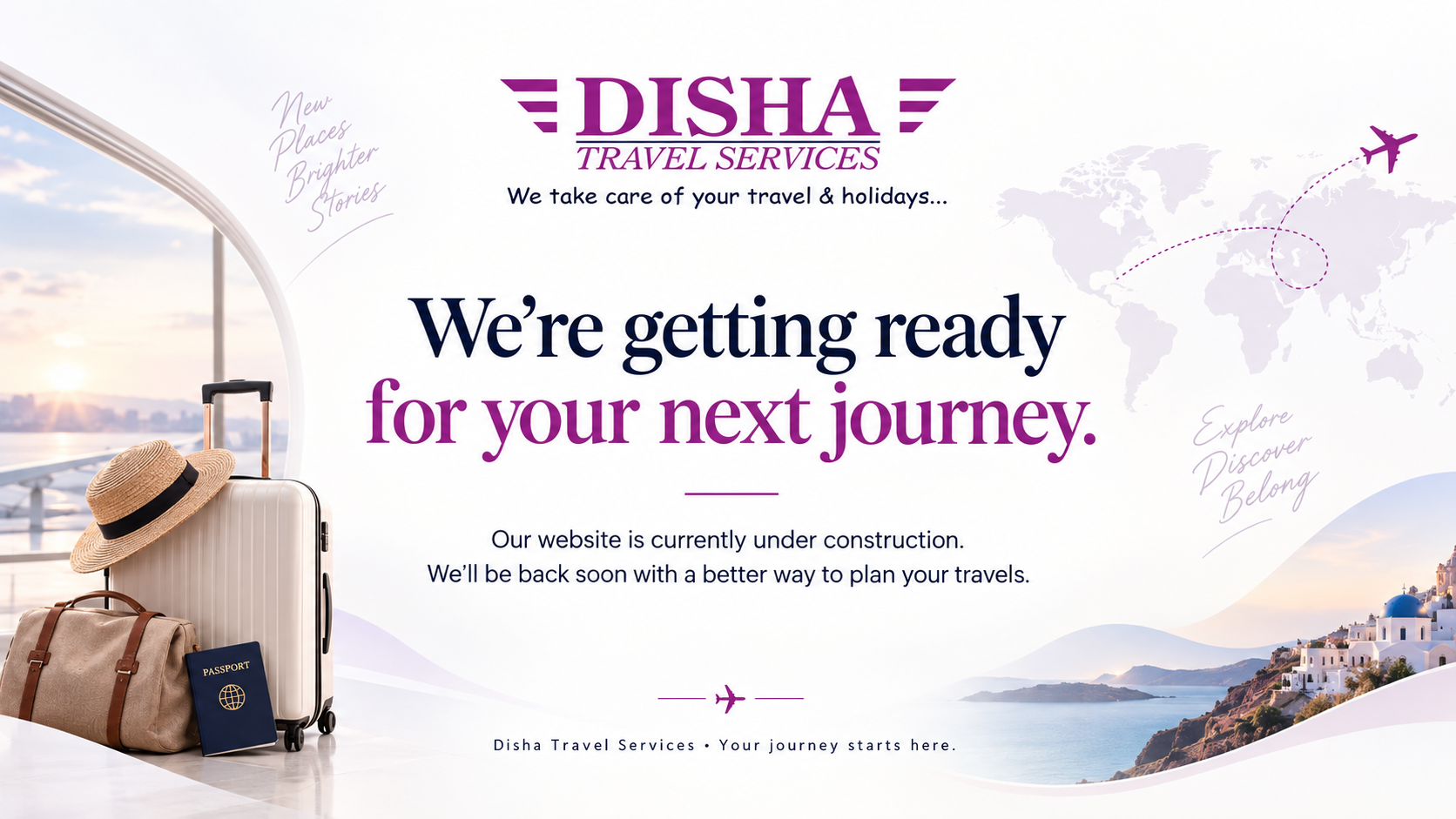 Disha Travel Services — We take care of your travel & holidays. We're getting ready for your next journey. Our website is currently under construction. We'll be back soon with a better way to plan your travels. Disha Travel Services, your journey starts here.